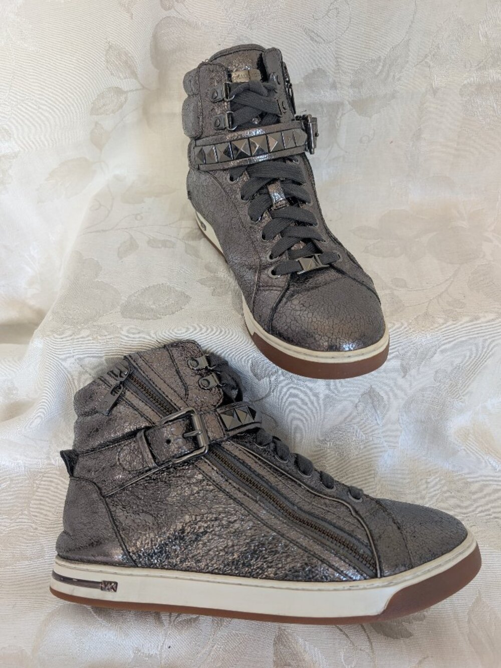 MICHAEL KORS Leather Glam Stud High Top Sneakers Gunmetal